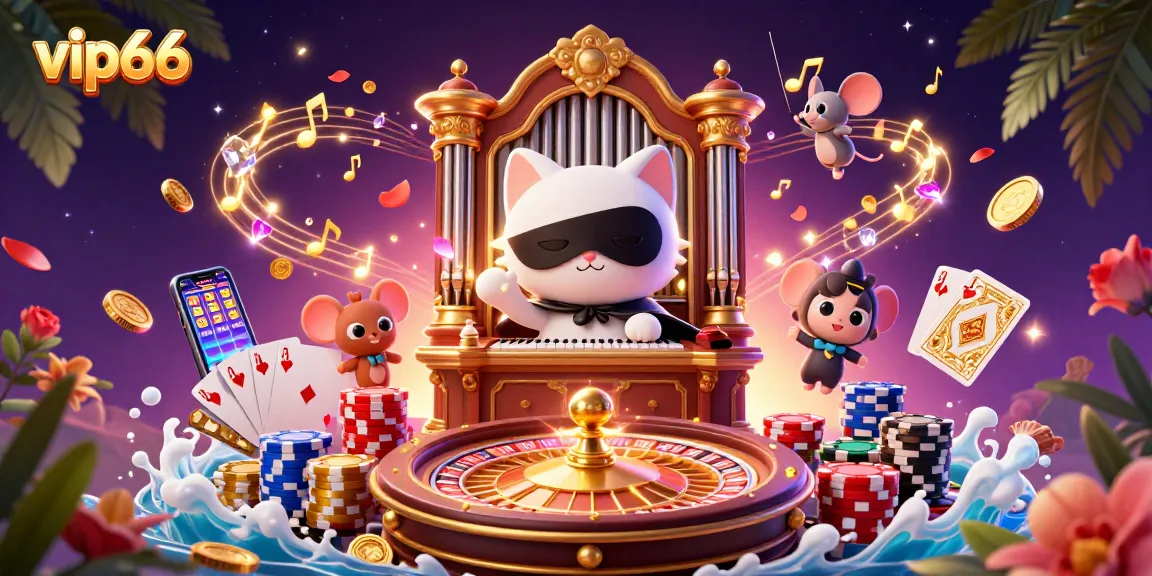 Engage with vip66's vibrant casino scene featuring a cat and mouse, radiant coins, and slot reels.