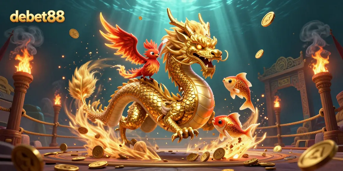 Experience the excitement of debet88 with a golden dragon and phoenix amidst a dynamic casino scene.