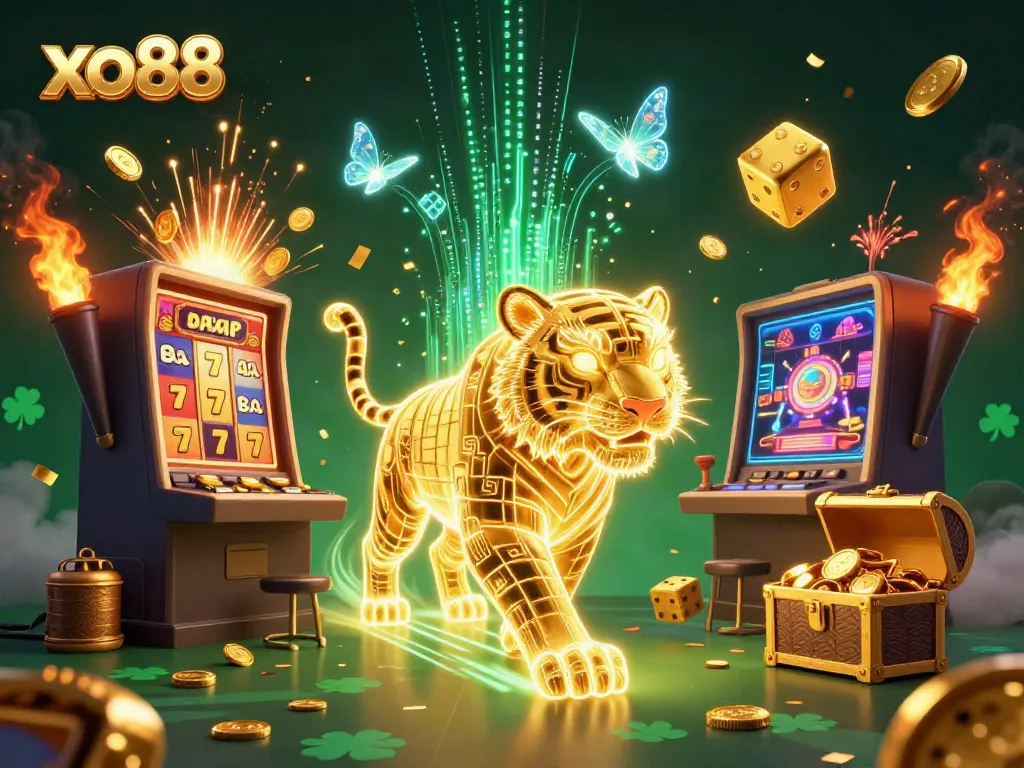 Experience the thrill of xo88 with a neon-wireframe tiger illuminating a digital casino, surrounded by vibrant gaming symbols.