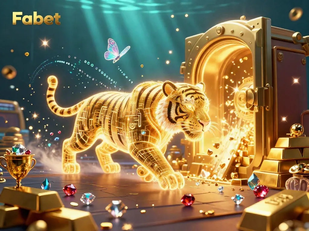 Engage with Fabet's vibrant casino world featuring a golden tiger and treasure.
