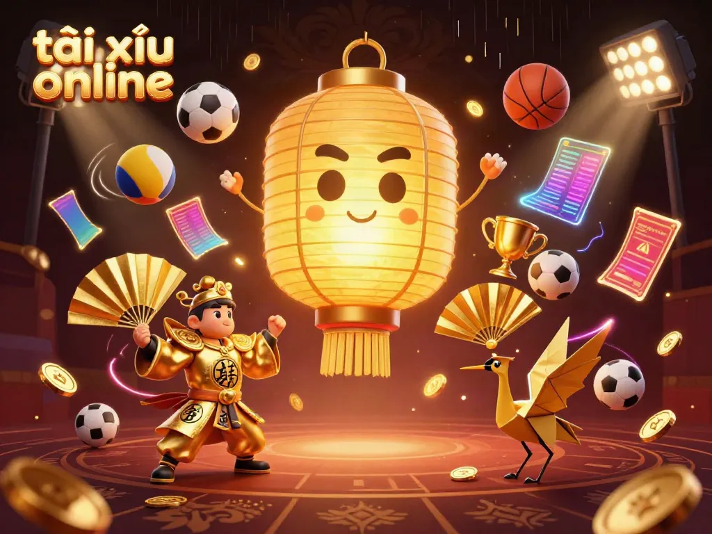 Engage in tài xỉu online with a vibrant casino scene showcasing a golden lantern spirit and dynamic sports elements.