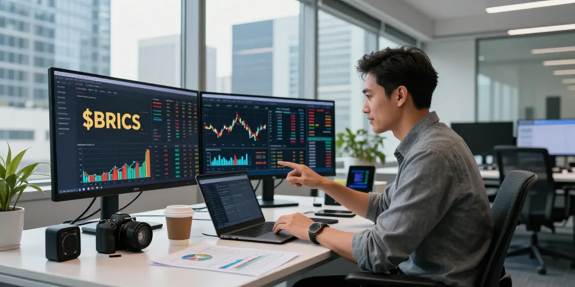 Buy BRICS coins through secure digital dashboards in a modern investment setting with financial metrics.