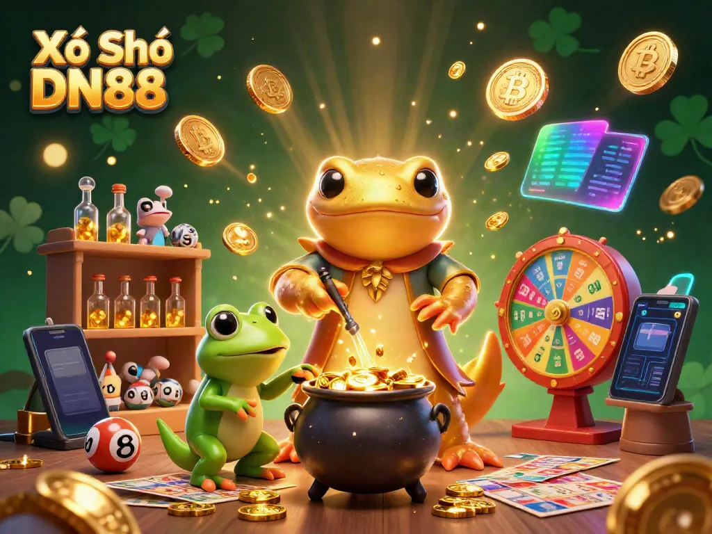 Xổ Số DN88 featuring a giant salamander alchemist and frog in a vibrant lottery scene, illustrating excitement.