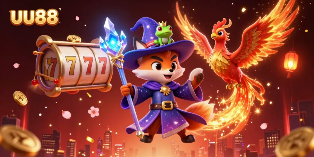Experience the enchanting uu88 gaming world with a mystical fox wizard, phoenix, and dynamic casino elements.