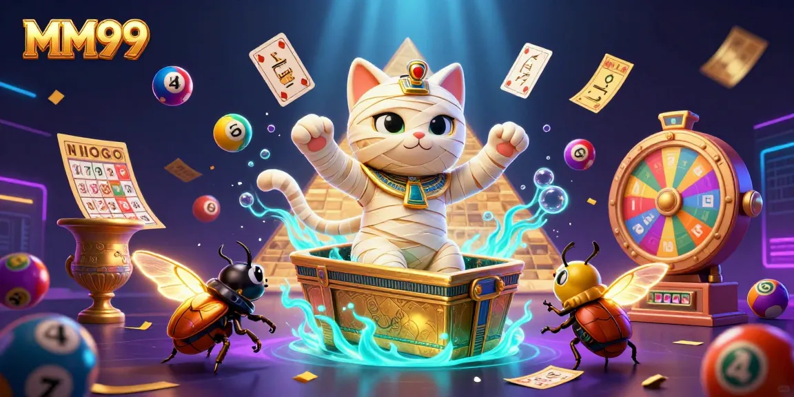Play exciting games at MM99's vibrant casino, featuring a mummy cat, glowing scarab, and dynamic lottery elements.