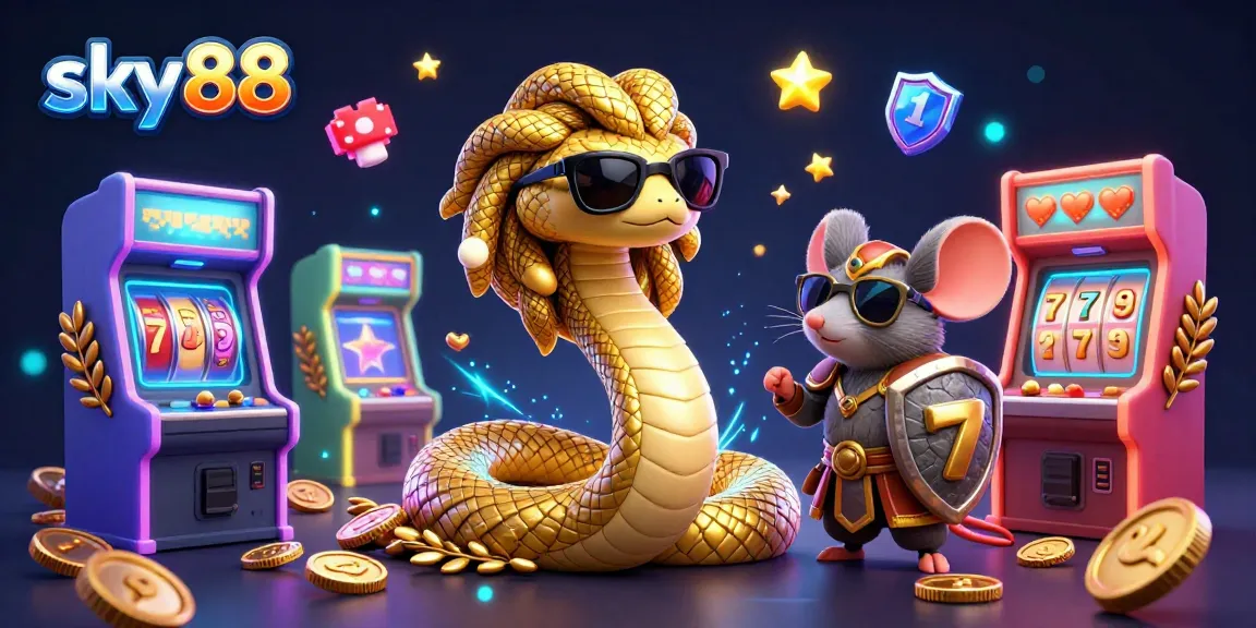 Experience thrilling casino action at sky88 with vibrant gaming elements such as slot reels and friendly characters.