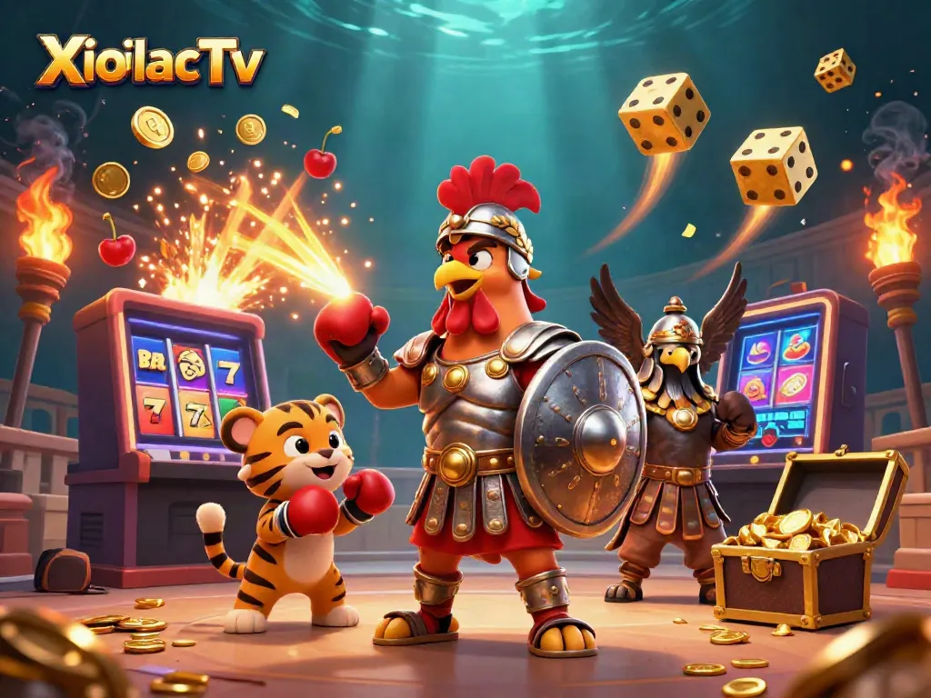 XoilacTv showcases an exciting 3D gladiator rooster scene featuring slot machines and casino elements.