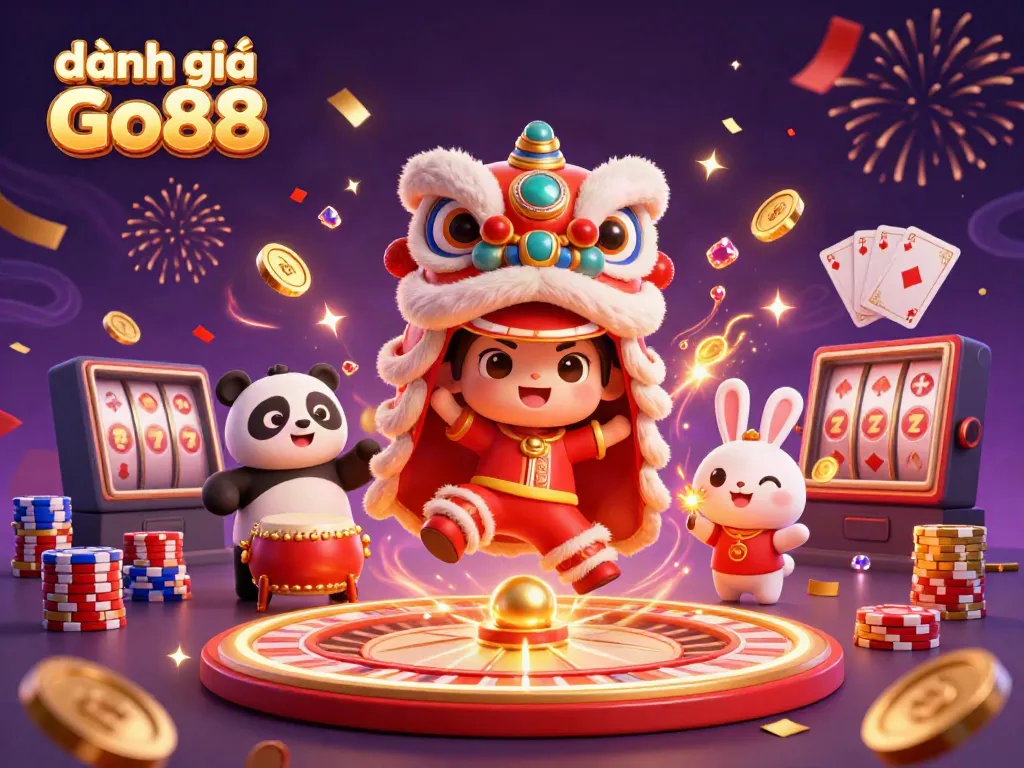 Experience the festive excitement of đánh giá Go88 with vibrant characters, coins, and a roulette wheel.