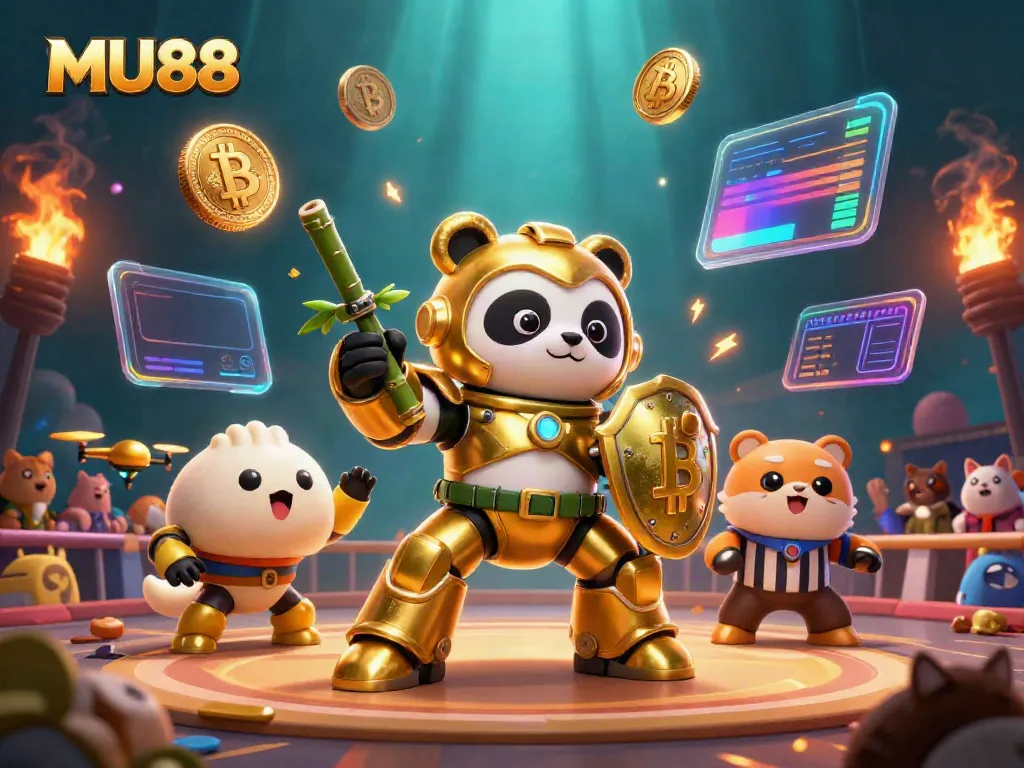 Engage in dynamic gameplay at MU88 featuring a golden panda piloting a robot in a vibrant arena.