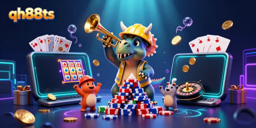 Engage in excitement with qh88ts as the triceratops builds poker chip pyramid surrounded by colorful casino elements.