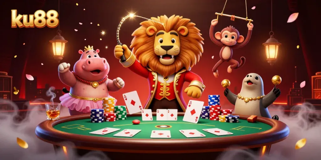 Experience thrilling bets at KU88 with vibrant casino characters and dynamic poker elements.