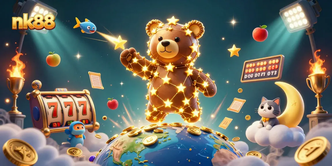 Engage in exciting games with nk88 while the constellation bear collects coins, surrounded by vibrant casino elements.