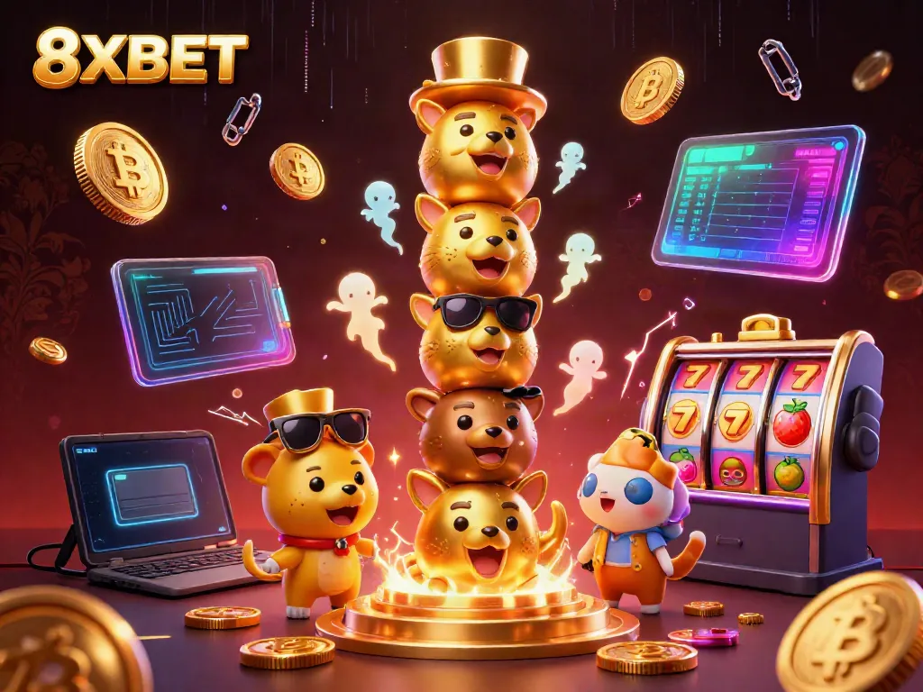 Engage with 8XBET's vibrant cartoon casino scene featuring an animated golden totem, dynamic crypto elements, and colorful slot symbols.