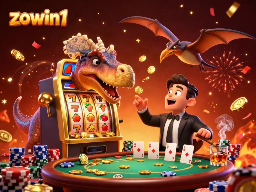 ZOWIN1 illustration of a cartoon dinosaur winning coins from a slot machine amid a vibrant casino setting.