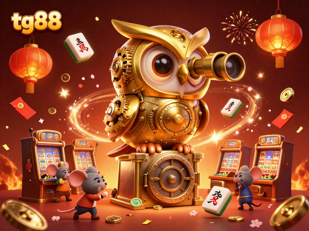 Engage with the tg88 casino world as the clockwork owl oversees a vibrant gaming scene.