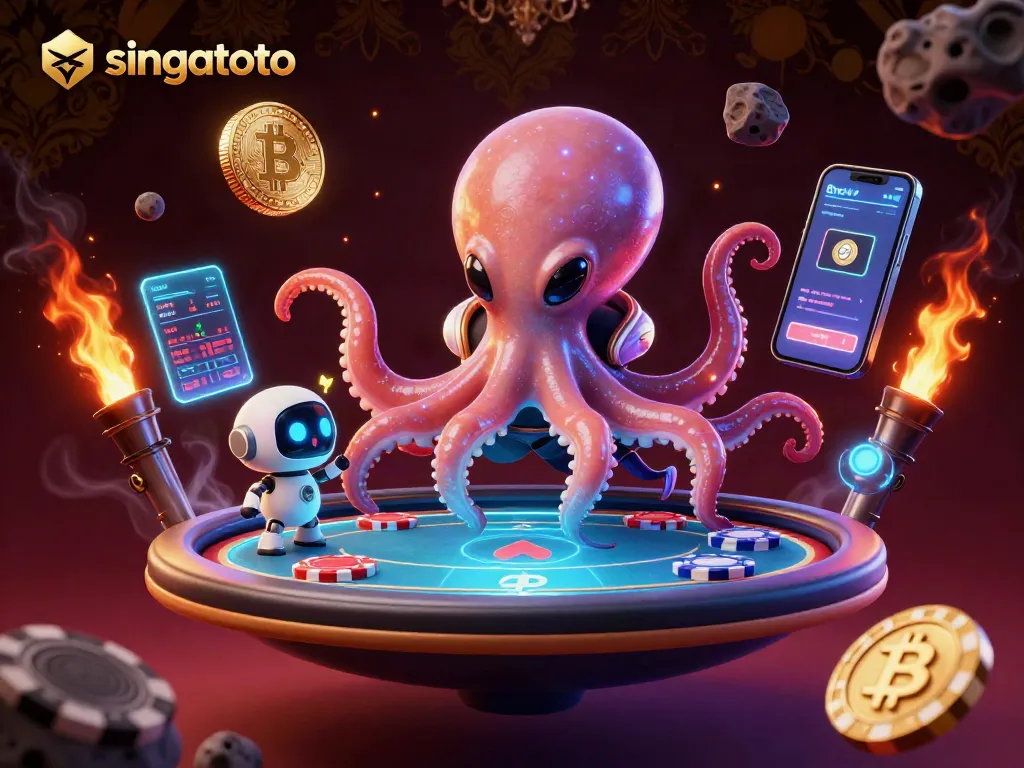 Play exciting games at singatoto with a cosmic octopus dealer in a vibrant crypto-driven scene.