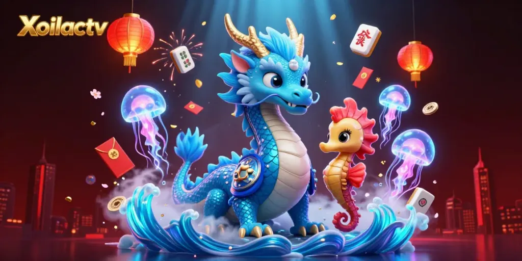 Xoilactv showcases an engaging underwater scene with a vibrant dragon, seahorse knight, and jellyfish amidst lively elements like glowing tiles and coins.