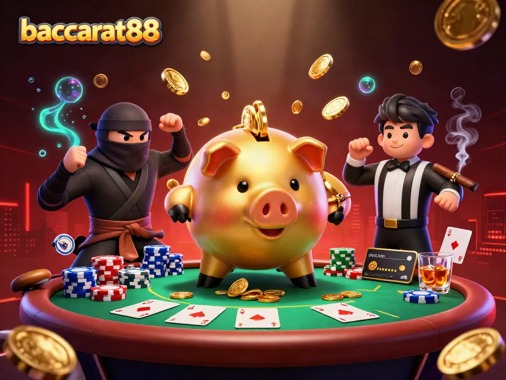 Baccarat88 features a lively illustration of a sumo wrestler, ninja, and referee engaged in a high-stakes gambling showdown.