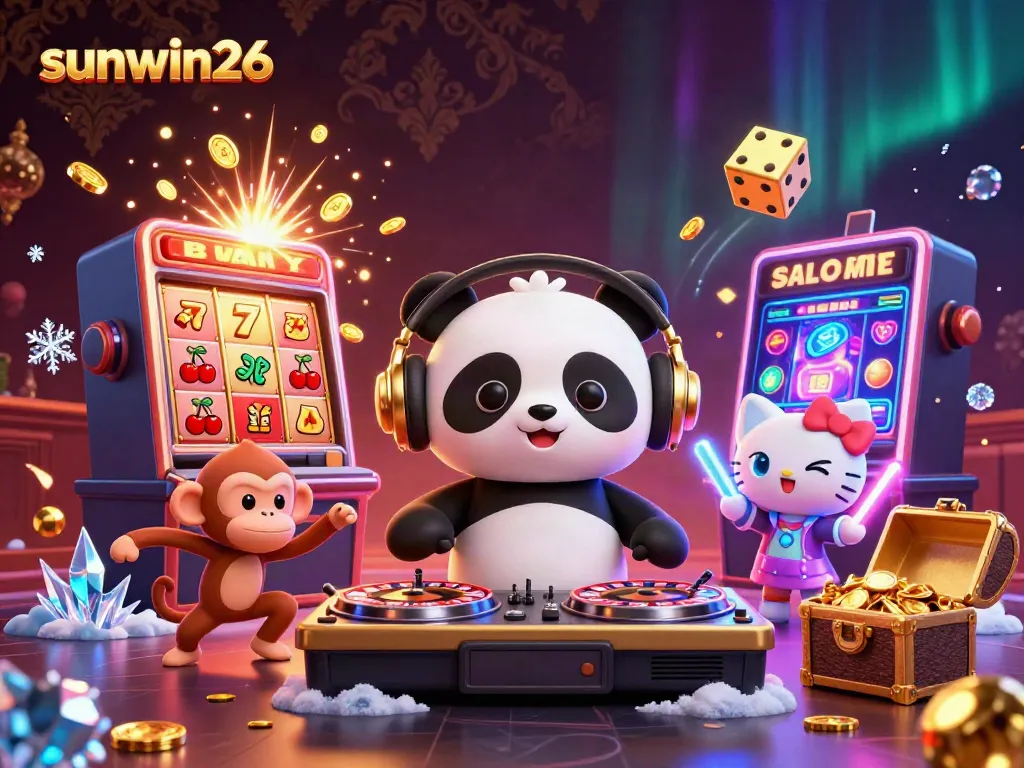 Experience thrilling gameplay at sunwin26 with a vibrant casino scene featuring a DJ panda and dynamic gaming elements.