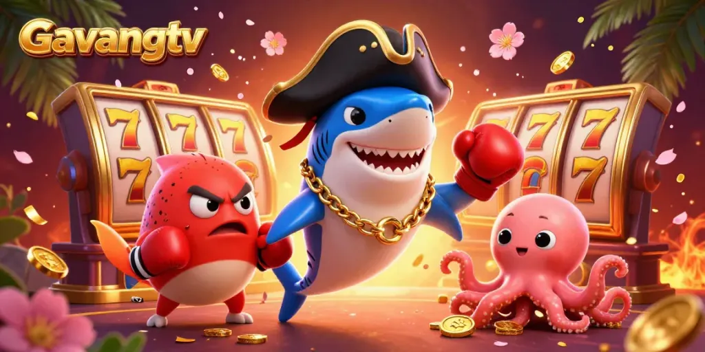 Experience exciting slot action at Gavangtv with a cartoon shark, pufferfish, and octopus framed by a colorful gambling scene.