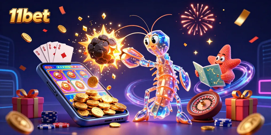 Engage with the vibrant energy of 11bet through dynamic gambling elements and a rich 3D illustration.