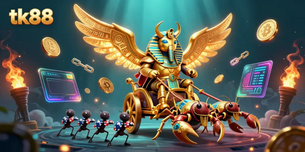 Experience exciting gaming action with tk88, where the golden scarab beetle leads in a vibrant casino scene.