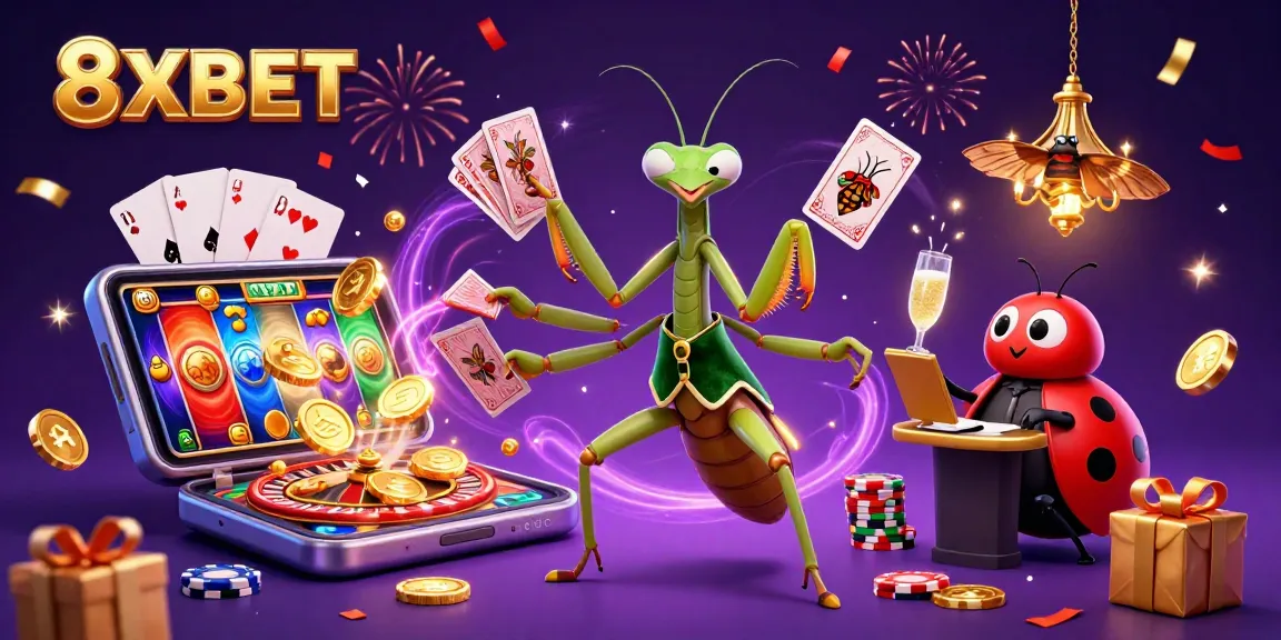 8XBET showcases a lively scene of gaming excitement, featuring a mantis dealer and ladybug pit boss.