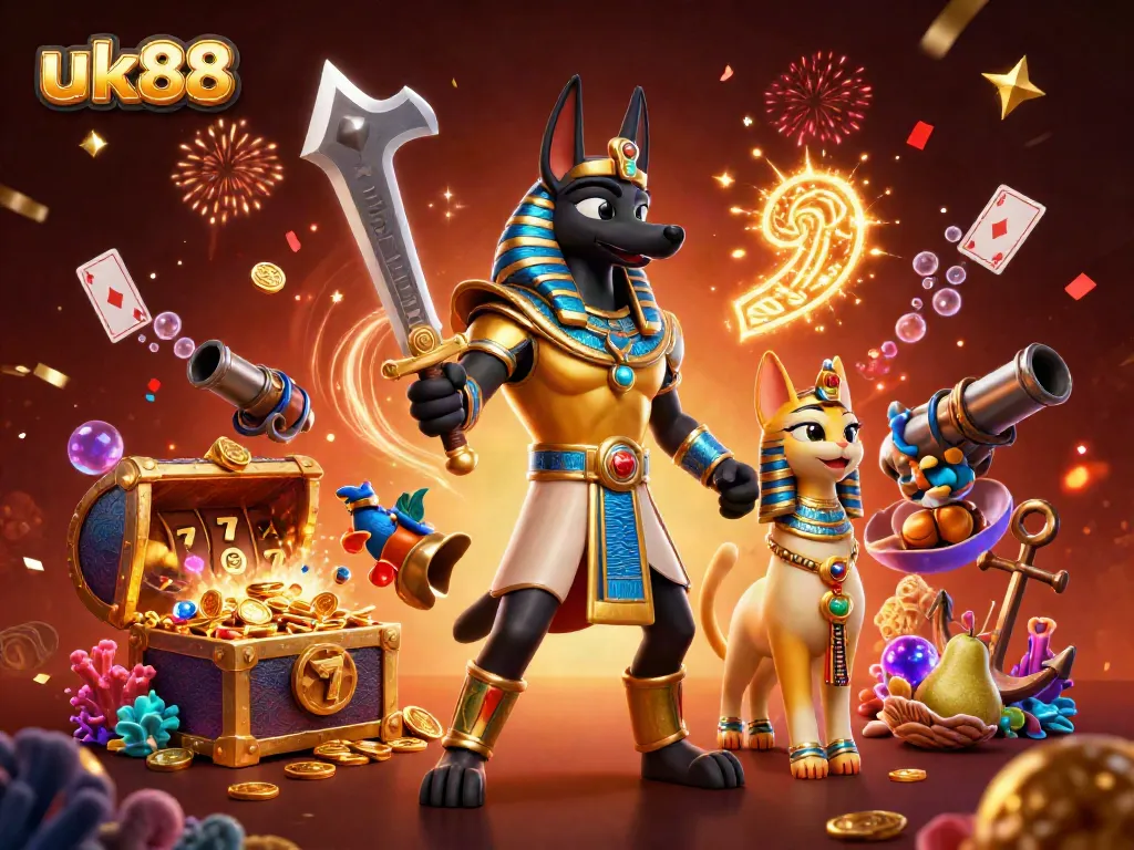 Experience the thrilling world of uk88 with Anubis and Bastet in a vibrant casino setting filled with treasures and games.