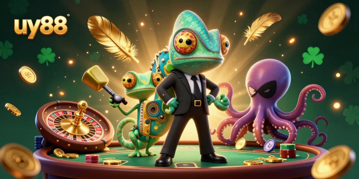 uy88 presents a lively 3D casino scene featuring a chameleon, gecko, and octopus amidst vibrant gaming elements.