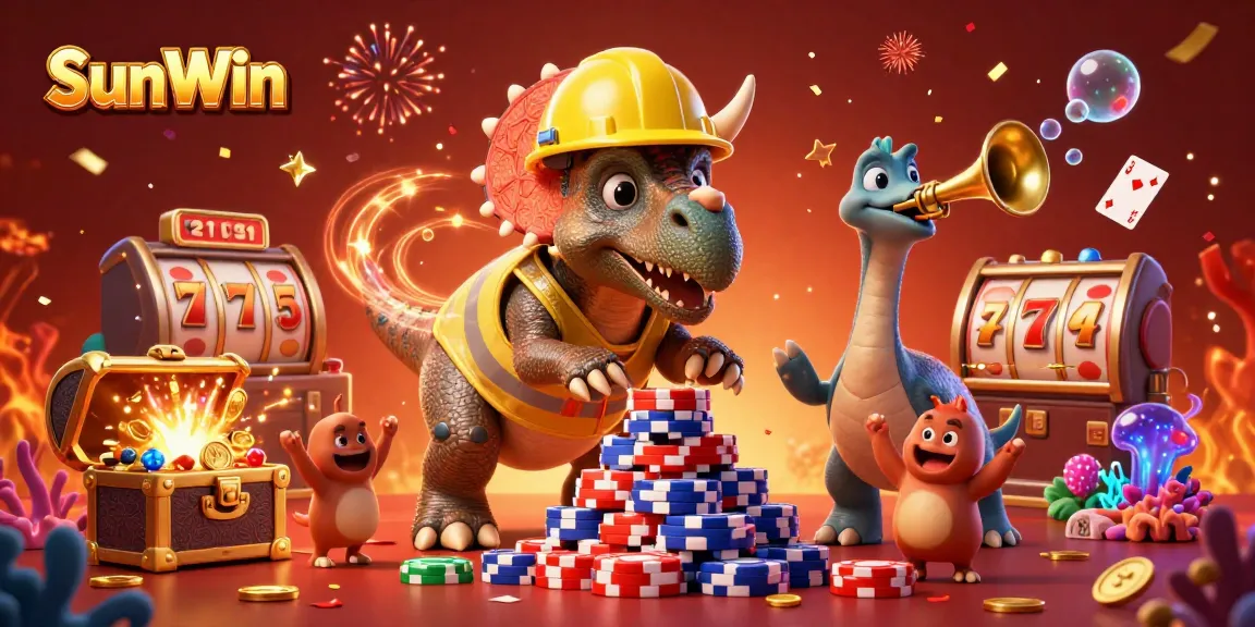 Celebrate big wins at SunWin with vibrant casino fun featuring a triceratops and casino elements.