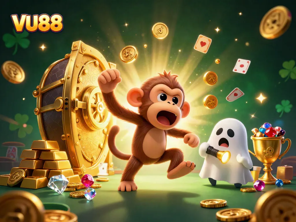 Experience the thrill of VU88 with a playful poltergeist monkey amidst golden treasures in a haunted casino.