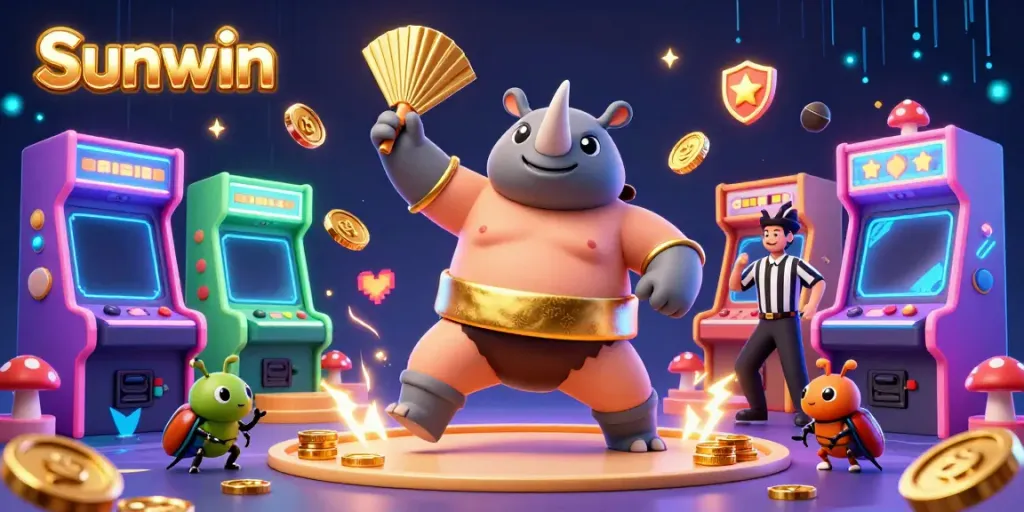 Experience the thrill of Sunwin with a sumo beetle champion stomping coins and vibrant game elements.