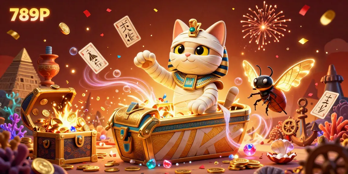 Engage with thrilling 789P casino adventures featuring an Egyptian mummy cat and treasure chests.