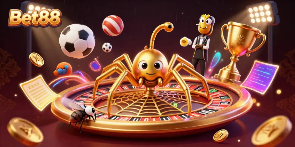 Bet88 showcases a golden spider and centipede croupier amidst vibrant gambling elements.
