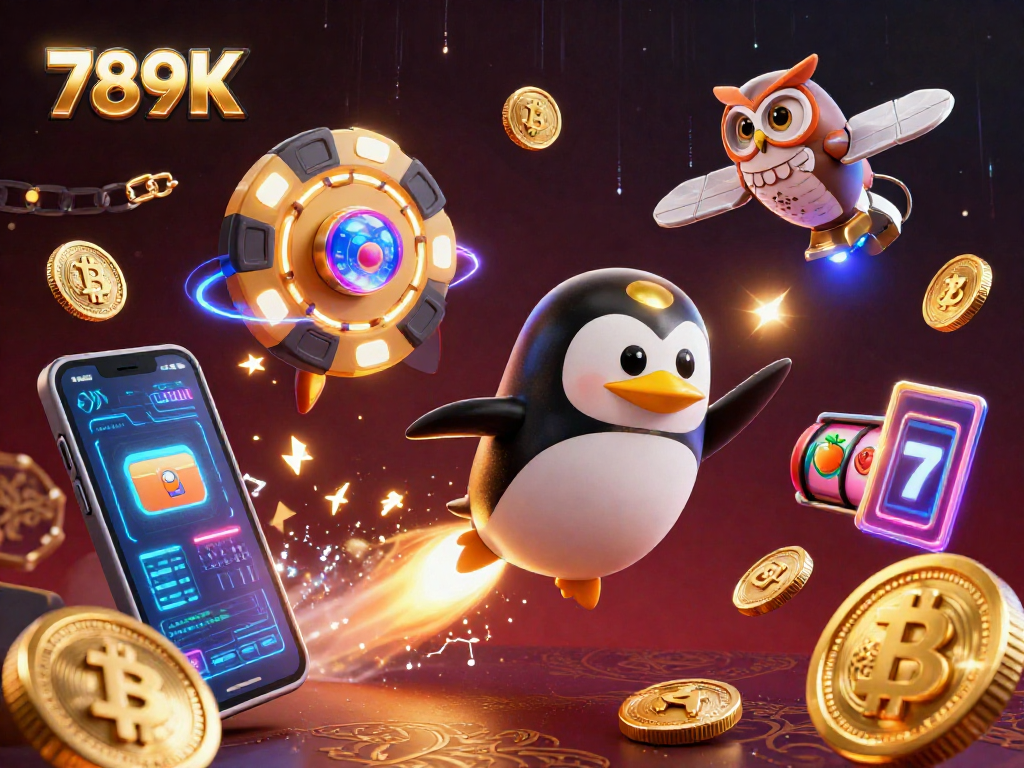 Experience the thrill of 789K with a vibrant 3D casino illustration featuring a golden penguin and crypto elements.