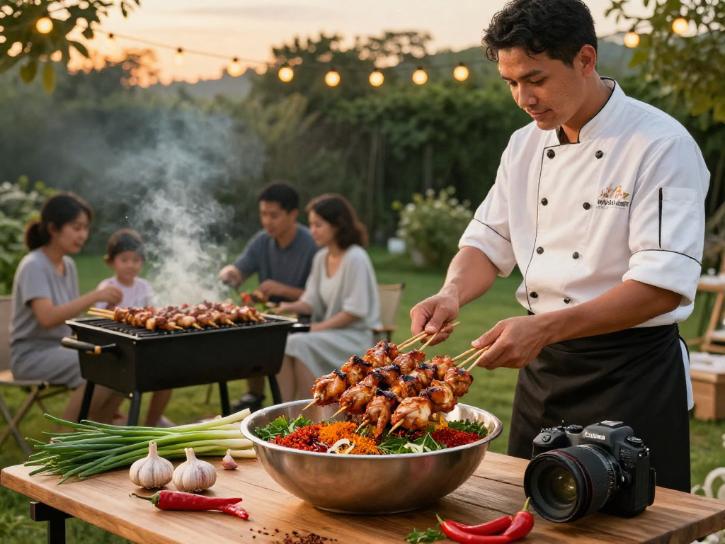 Delicious marinated chicken skewers grilling outdoors, capturing the essence of rokok88's culinary experience.