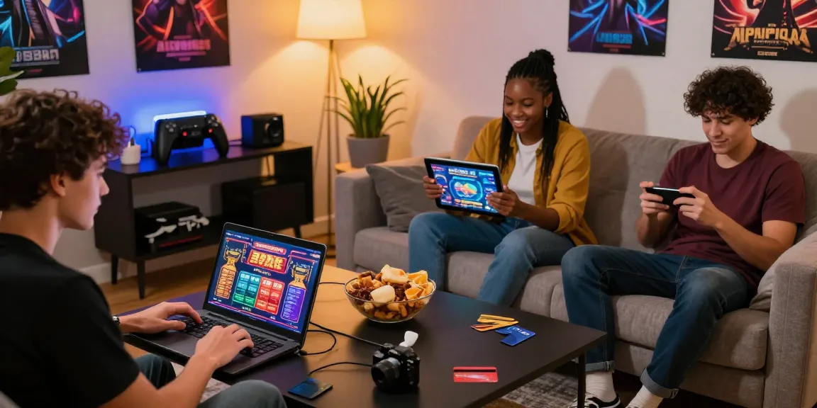 Engaged players enjoying credit card casinos at https://chps.org.uk in a cozy living room, playing on laptops and smartphones.