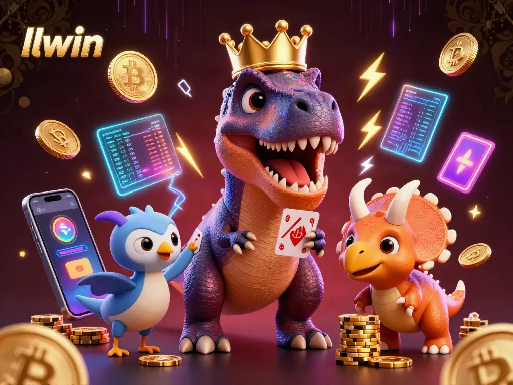 Experience thrilling gameplay at LLWIN with a vibrant scene featuring a T-Rex, assistant, and triceratops enjoying casino action.