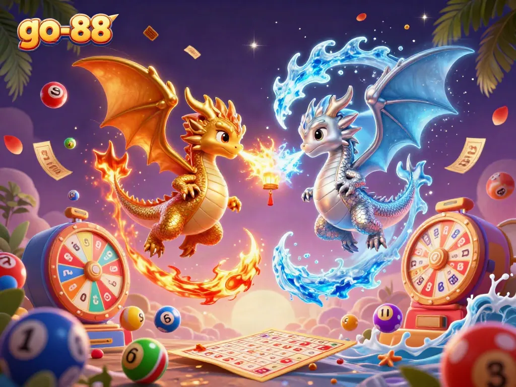 Engage in thrilling gameplay at go-88 with dynamic lottery balls and fiery dragon characters.