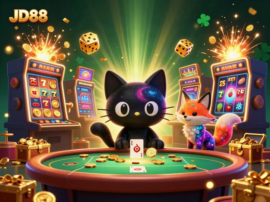 JD88 casino scene showcasing a black hole cat pulling chips, vibrant details in a cosmic theme.