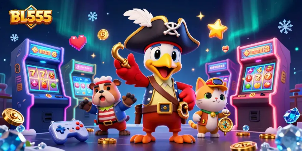 Experience thrilling gameplay with BL555's pirate-themed cartoon illustration featuring dynamic gaming elements.