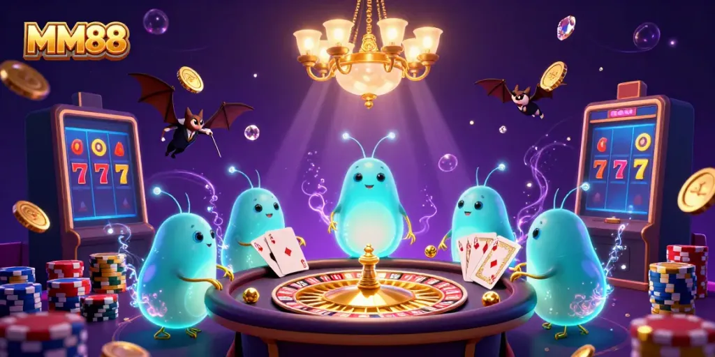 Experience the vibrant MM88 casino scene with glowworms lighting up the atmosphere and glowing gaming elements.