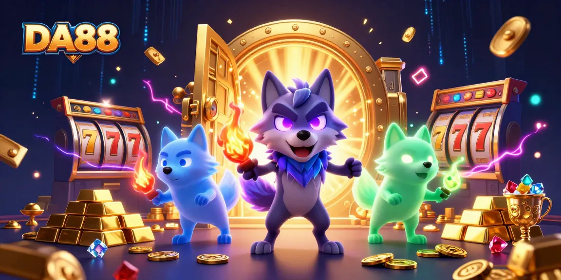 Spin the slots for jackpots at DA88, featuring a mystical wolf pack in a vibrant casino scene.