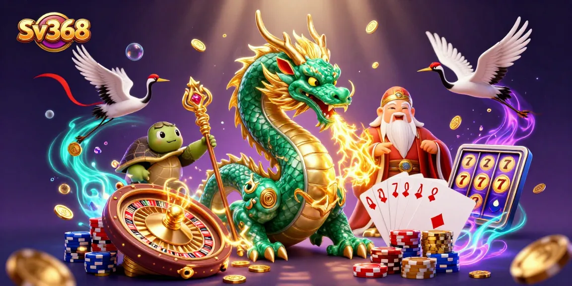 Experience thrilling gaming action at Sv368 with a vibrant illustration showcasing a jade dragon, lucky cranes, and casino elements.