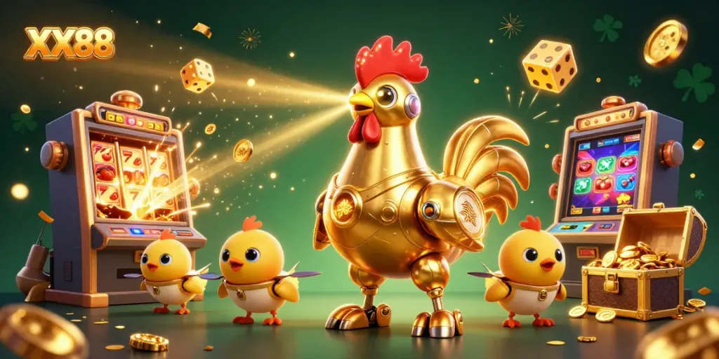 Experience thrilling casino excitement with XX88's retro-futuristic rooster robot amid a dazzling jackpot scene.