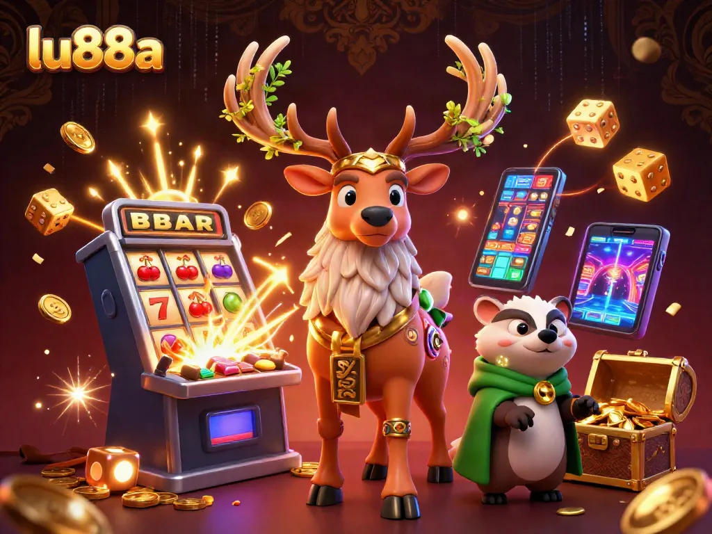 Experience the thrills of lu88a with a vibrant casino-themed illustration featuring dynamic slot and game elements.