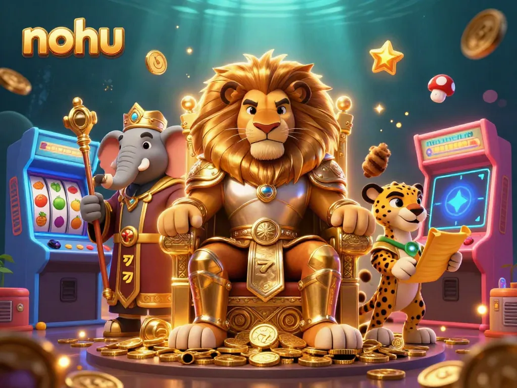 Nohu immerses players in a casino world with a lavish lion king, vibrant gaming machines, and dynamic energy.
