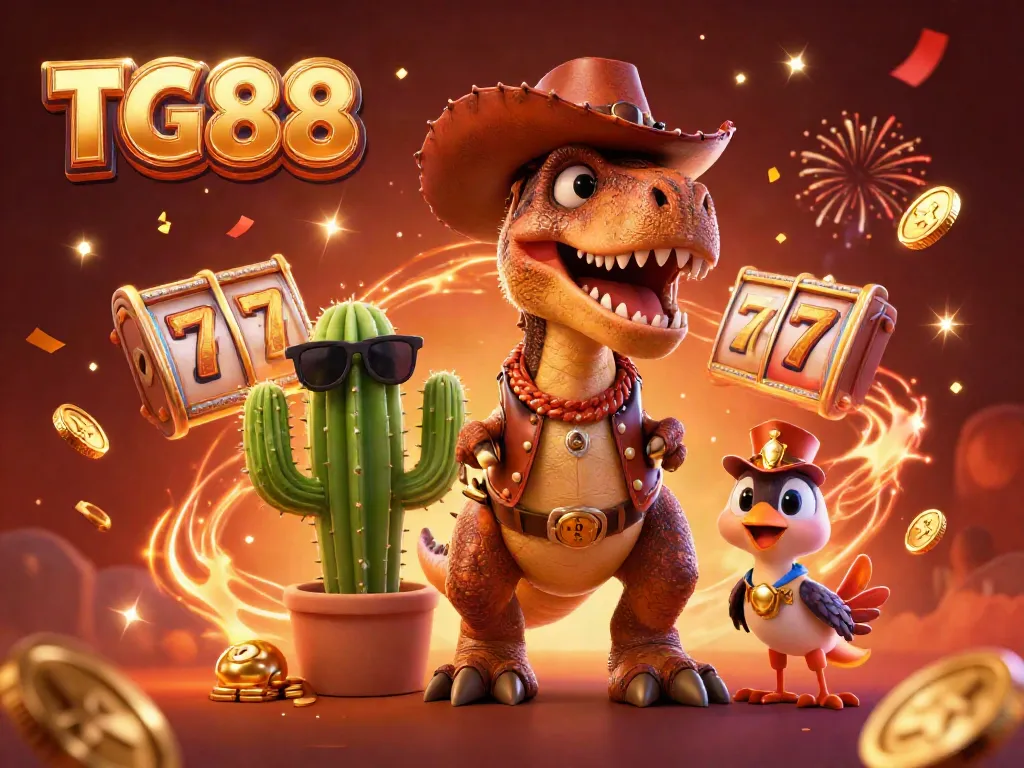 Experience the thrill of TG88 with a lively 3D casino scene featuring a T-Rex and slot reels.