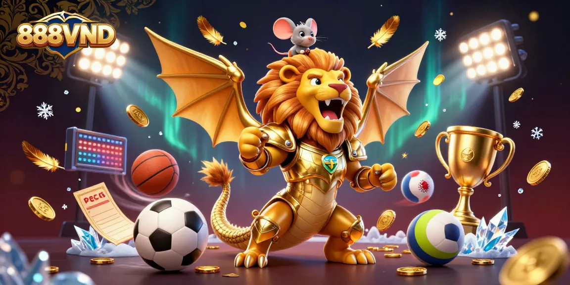 Engage with 888VND's thrilling gaming experience featuring a golden chimera and dynamic sports elements in an exciting casino setting.