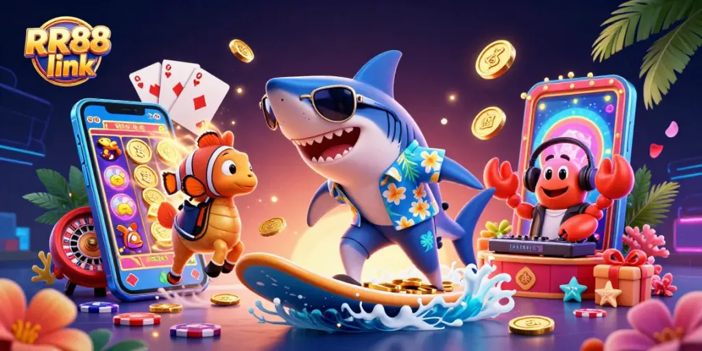 Experience the excitement of RR88 link with casino games, golden coins, and festive characters.